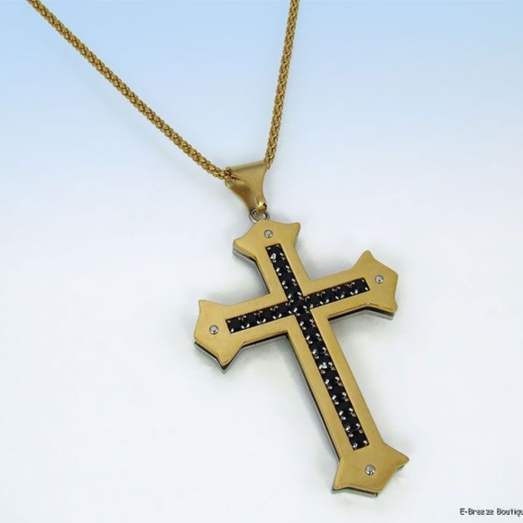 24" Gold-Tone Stainless Steel & Black Cubic Zirconia CZ CROSS PENDANT Necklace - Picture 1 of 1